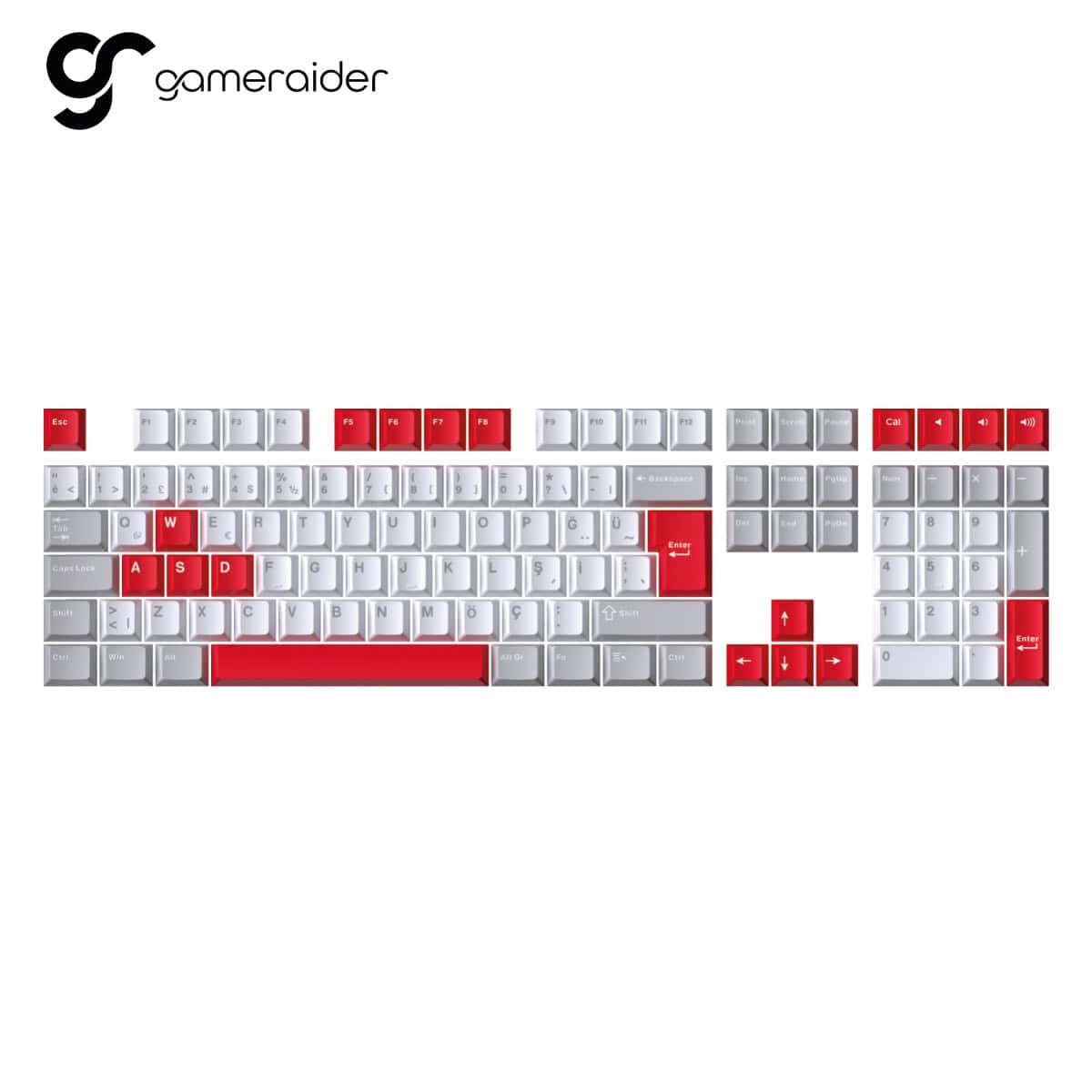 gameraider-cherry-double-shot-pbt-full-set-kirmizi-turkce-keycap-set-y1 Yüksek kaliteli oyun klavyesi, kırmızı ve beyaz renkli tuşlar, Gameraider logosu ile profesyonel oyu.