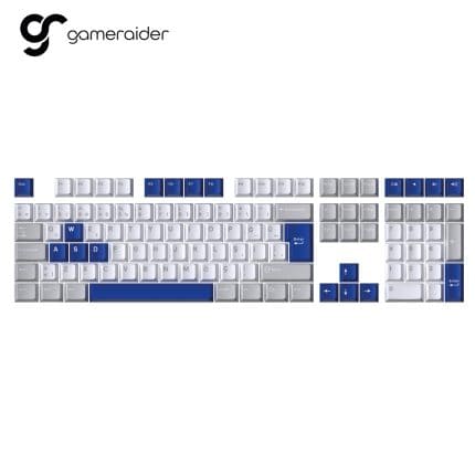 Yüksek kaliteli oyun klavyesi, mavi ve beyaz tuşlar, ergonomik tasarım, Gameraider logosu.