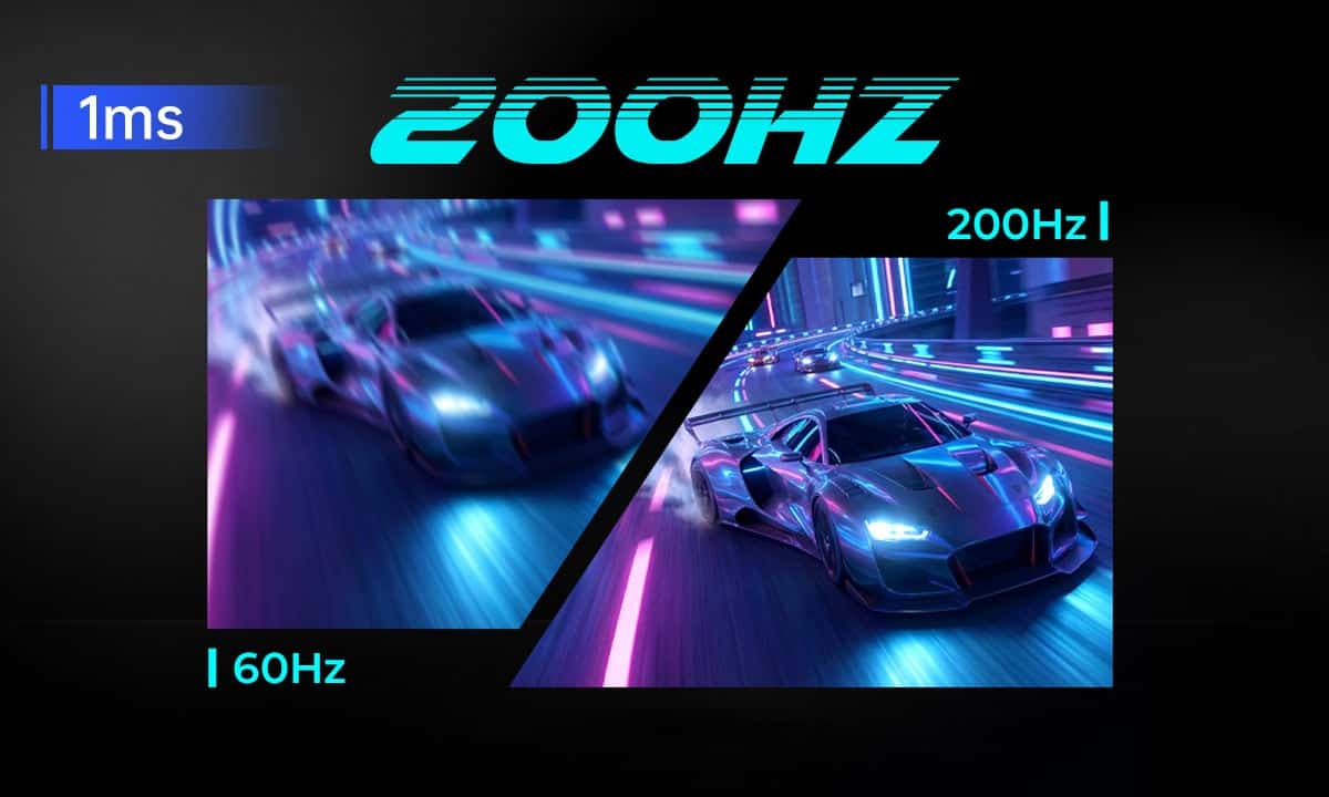 Yüksek hızlı yarış arabası ve hız göstergesi, 200Hz ekran yenileme hızını vurguluyor.