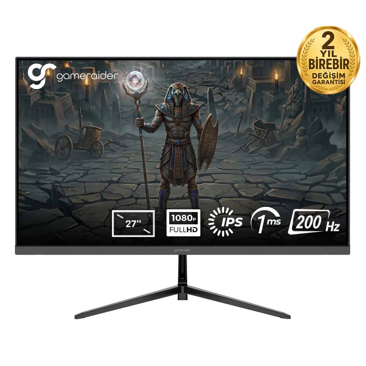 gameraider-atum-gr27f20i-27-inc-200hz-1ms-full-hd-adaptive-sync-ips-gaming-monitor-2-yil-birebir-degisim-garantili-y1 Klavye ve fare ile oyun oynayan savaşçı karakterli bilgisayar monitörü, Gameraider logosu ve teknik.