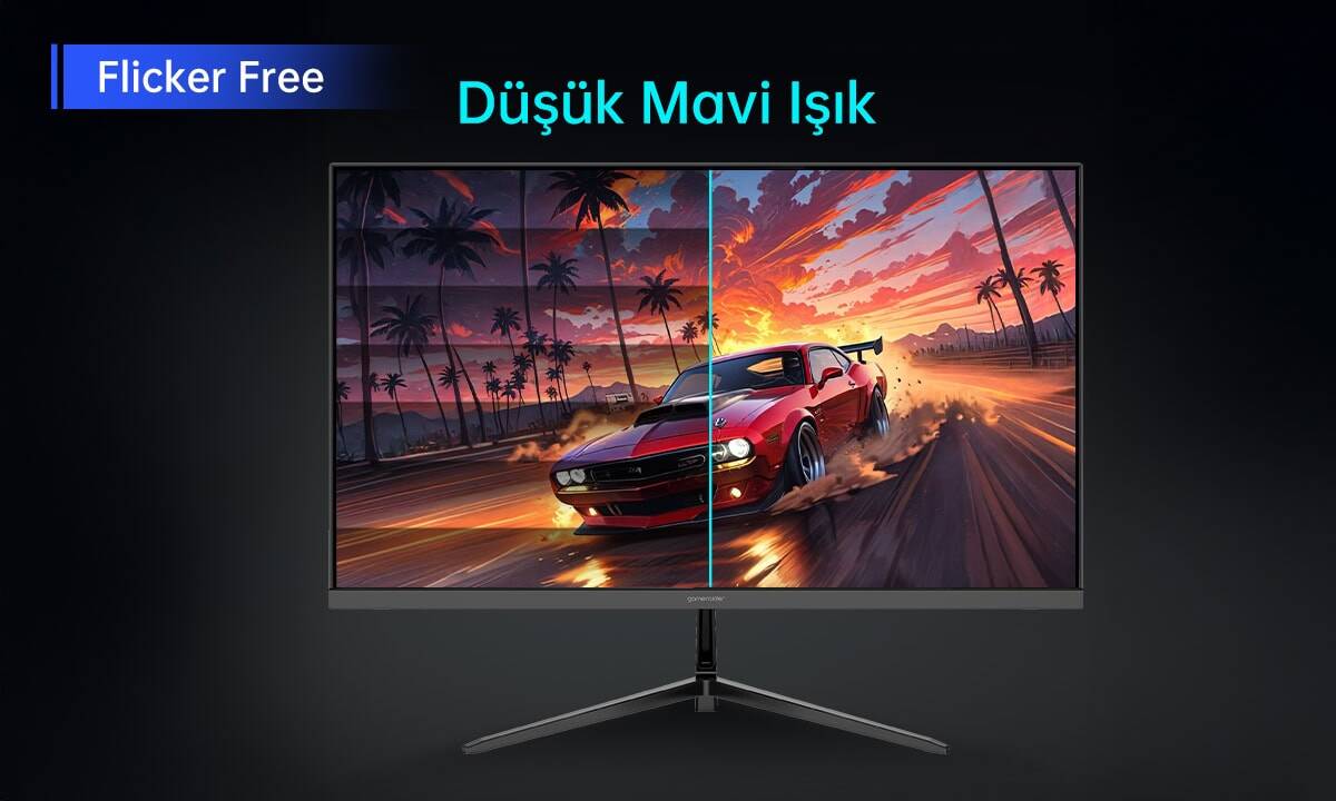 Düşük Mavi Işık ile Flicker Free gaming monitörü, tropikal gün batımı ve spor araba görüntüsü.