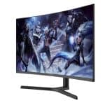 Gamerlar için yüksek performanslı oyun monitörü, fantastik karakterlerle dolu görsel tasarım.