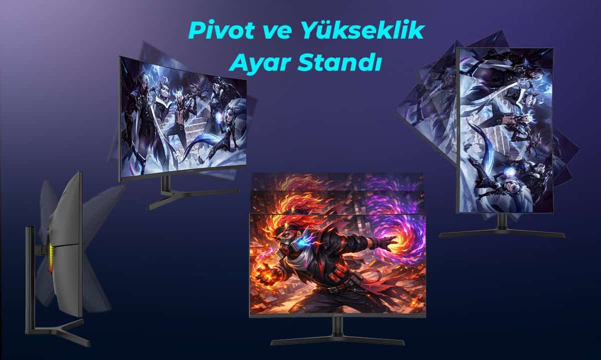 Pivot ve Yükseklik Ayar Standı ile oyun monitörleri, ergonomik ve ayarlanabilir tasarım.