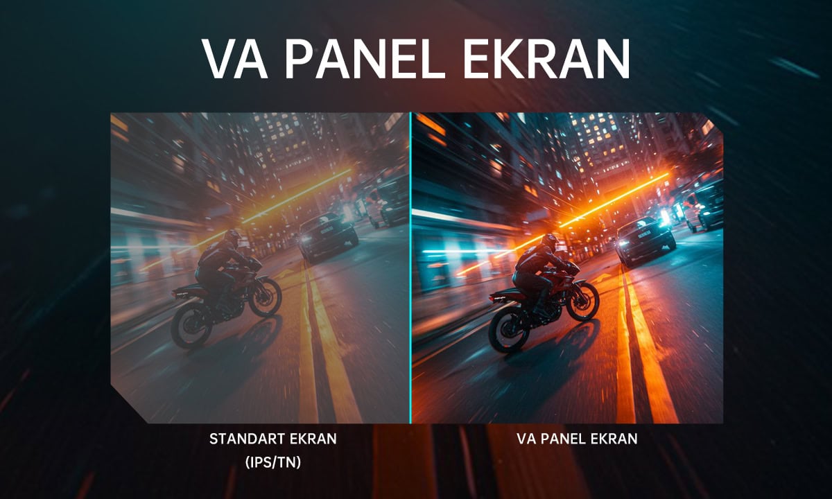 Yüksek hızlı motosiklet ve şehir ışıklarıyla gece sürüşü, VA Panel Ekran karşılaştırması.