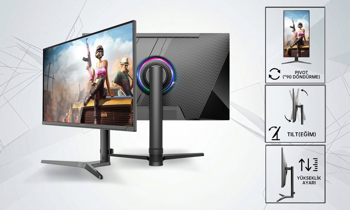 Yüksek performanslı oyun monitörü, ergonomik ayarlarla oyun deneyimini artırır.