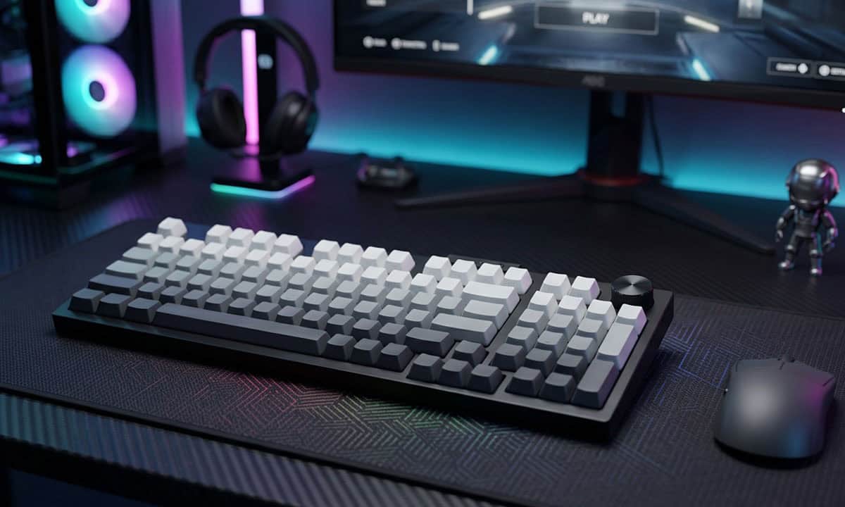 Gamer klavye ve mouse ile oyun odası kurulumu, RGB aydınlatma ve monitörler.
