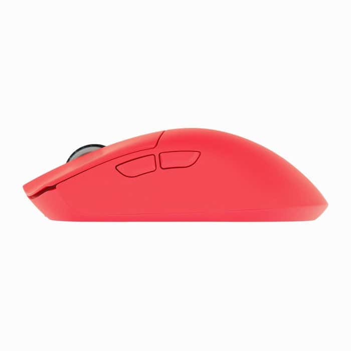 Bu görsel, kırmızı renkli kablosuz oyun faresi, ergonomik tasarımı ve yan düğmeleriyle oyun ve ofis.