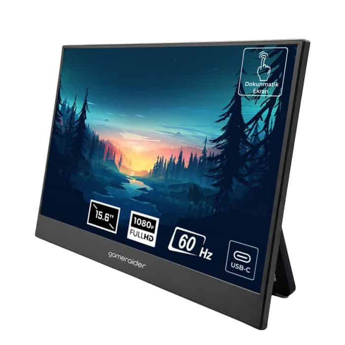 Yüksek çözünürlüklü gaming monitör, 15.6 inç, 1080p Full HD, 60Hz, USB-C bağlantısı, dokunmatik ekra.