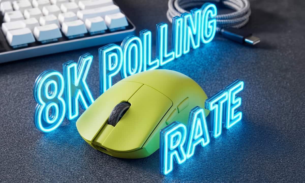 Oyun ve teknoloji temalı, 8K oylama ve oran yazılı neon ışıklı görsel.