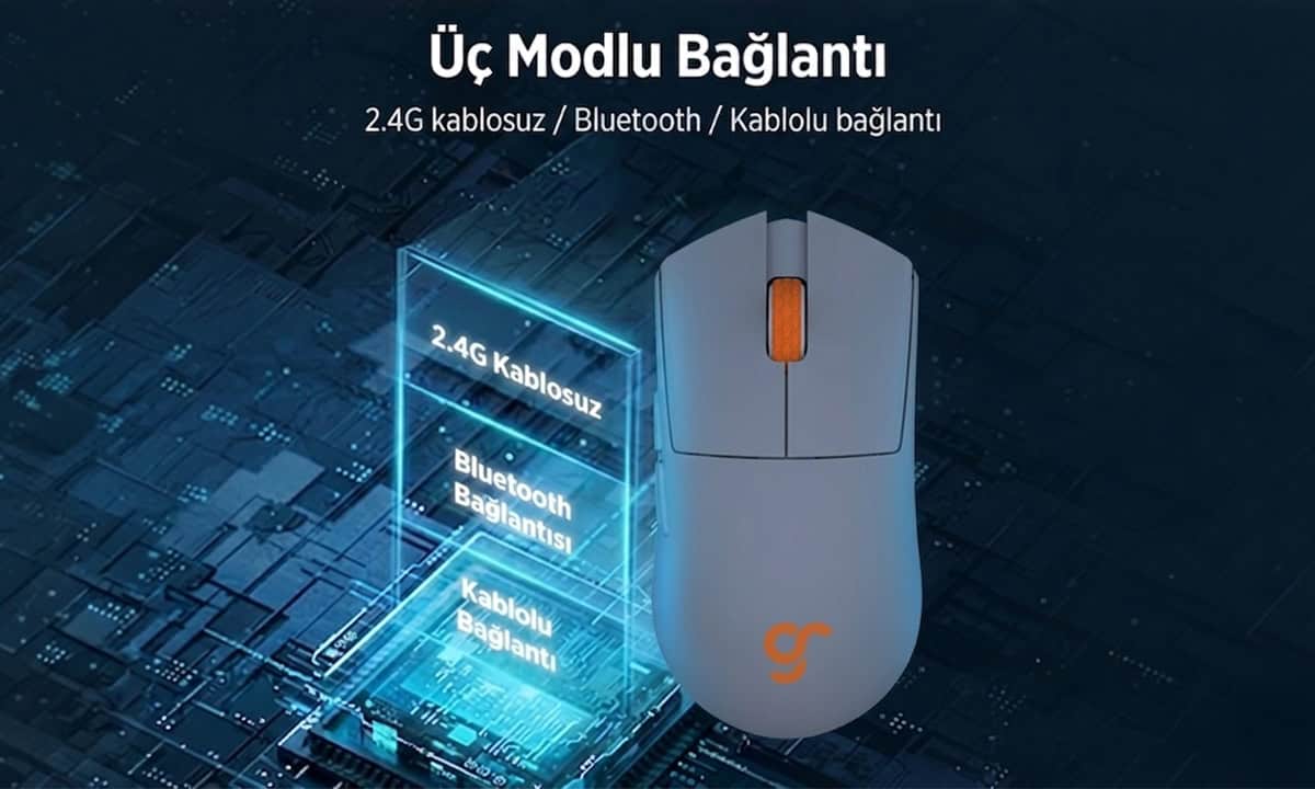 Gamer mouse with 3 modül bağlantısı ve kablosuz özellikler vurgulanıyor.
