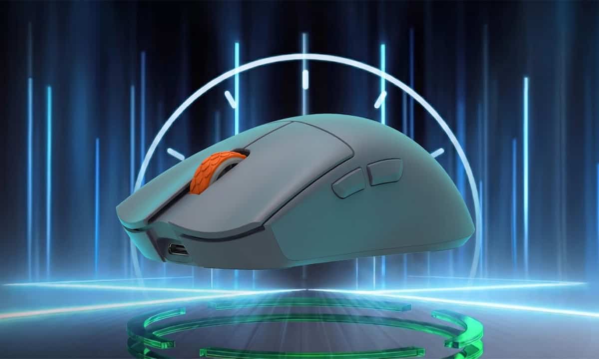 Gamer mouse with orange scroll wheel, holographic gaming environment, futuristic design.